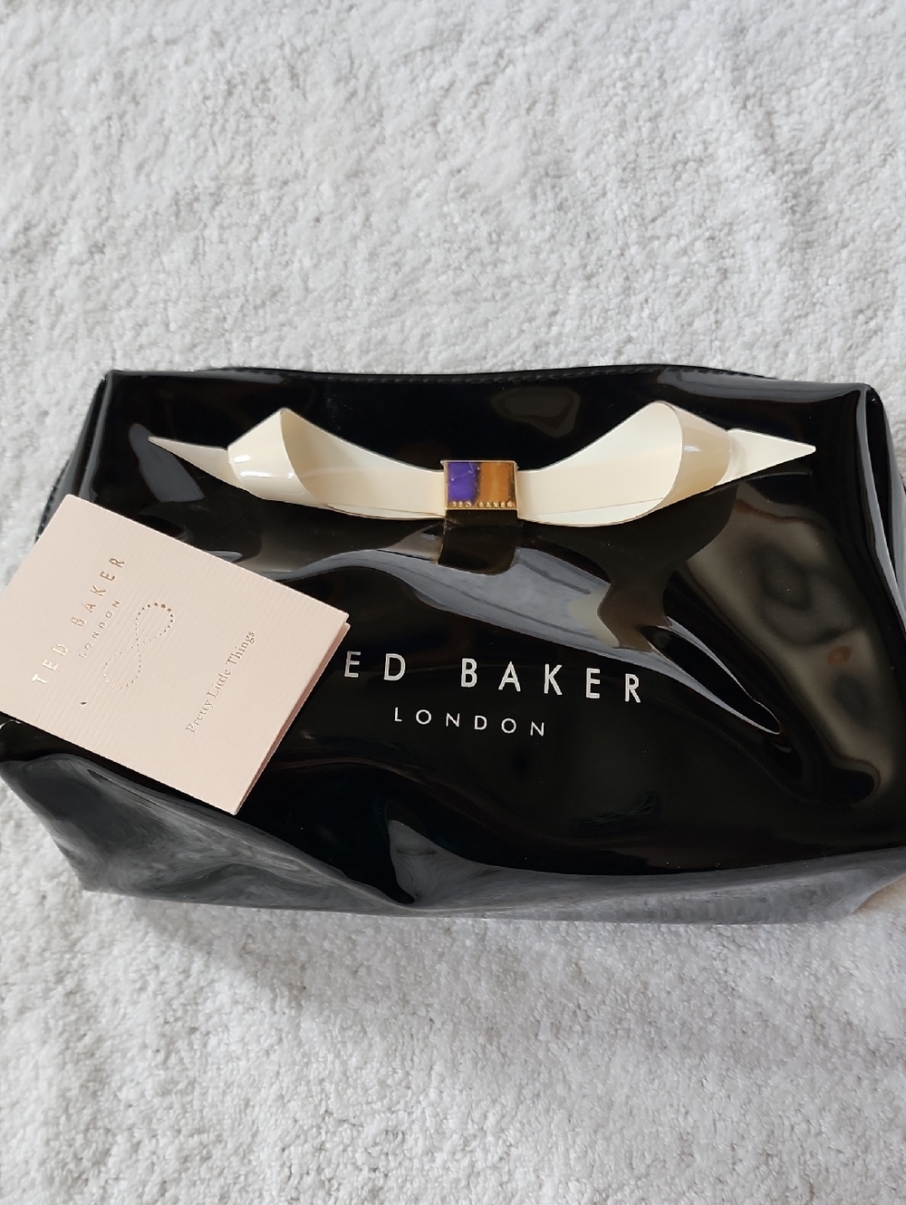 Ted Baker Black Patent Cosmetic Bag with Cream Bow Accent New